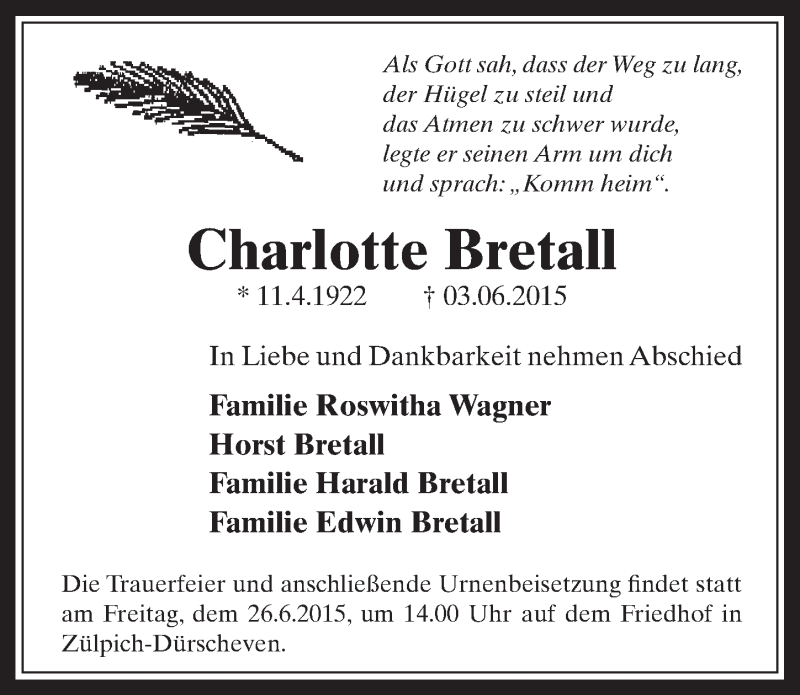  Traueranzeige für Charlotte Bretall vom 17.06.2015 aus  Werbepost 
