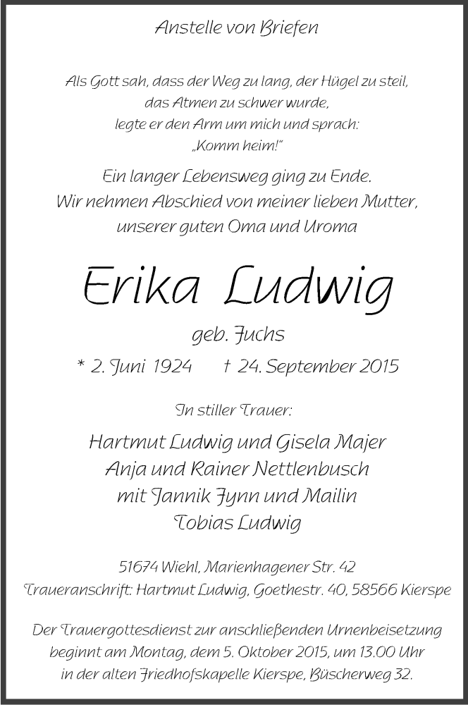  Traueranzeige für Erika Ludwig vom 02.10.2015 aus Kölner Stadt-Anzeiger / Kölnische Rundschau / Express