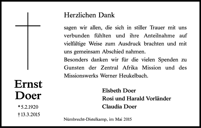  Traueranzeige für Ernst Doer vom 09.05.2015 aus Kölner Stadt-Anzeiger / Kölnische Rundschau / Express