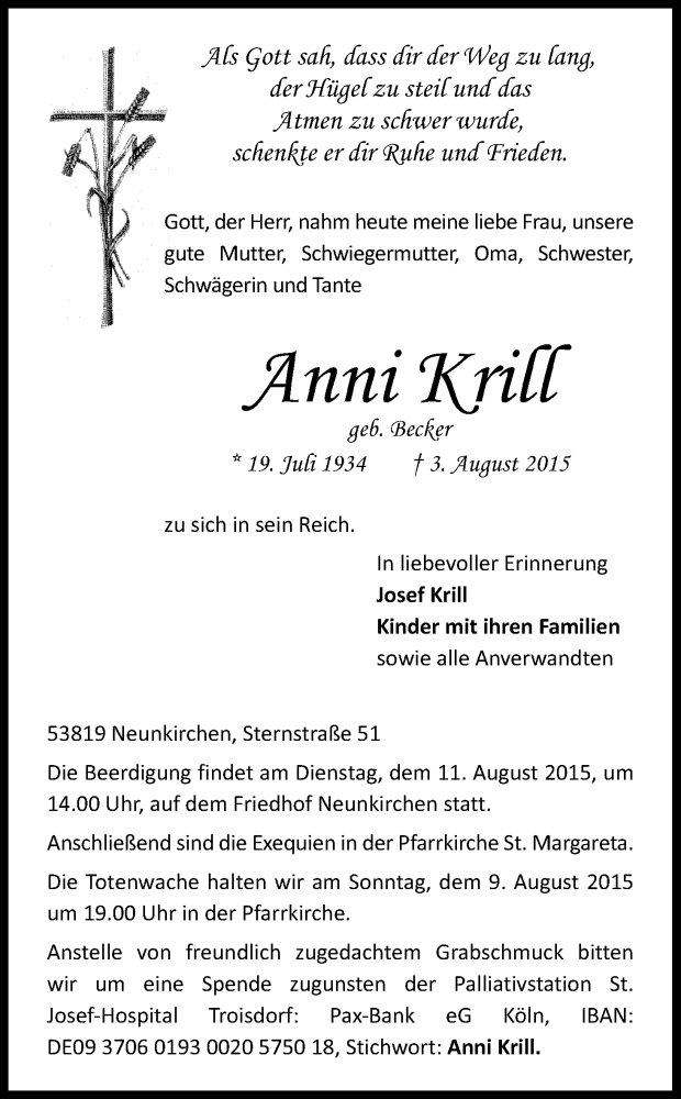  Traueranzeige für Anni Krill vom 06.08.2015 aus Kölner Stadt-Anzeiger / Kölnische Rundschau / Express