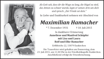 Anzeige von Maximilian Hamacher von  Blickpunkt Euskirchen 