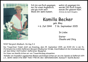 Anzeige von Kamilla Becker von Kölner Stadt-Anzeiger / Kölnische Rundschau / Express