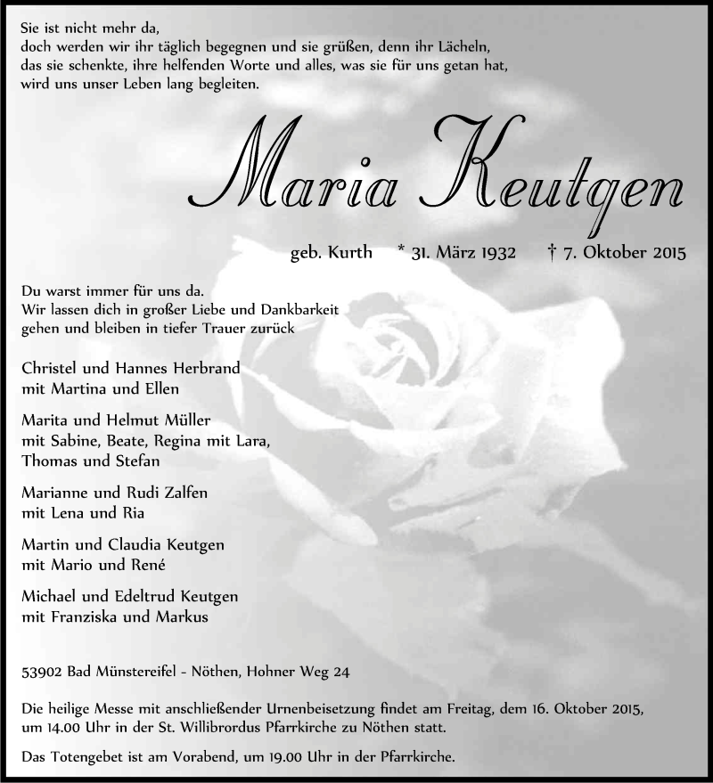  Traueranzeige für Maria Keutgen vom 10.10.2015 aus Kölner Stadt-Anzeiger / Kölnische Rundschau / Express
