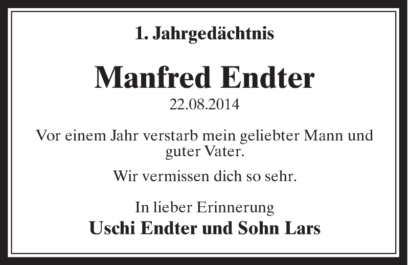 Traueranzeige für Manfred Endter vom 26.08.2015 aus  Schaufenster/Blickpunkt 