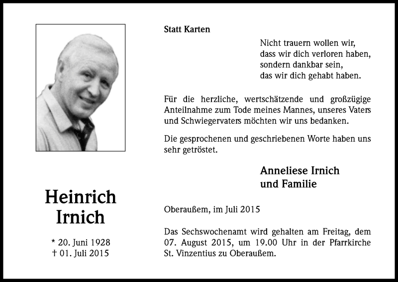  Traueranzeige für Heinrich Irnich vom 25.07.2015 aus Kölner Stadt-Anzeiger / Kölnische Rundschau / Express