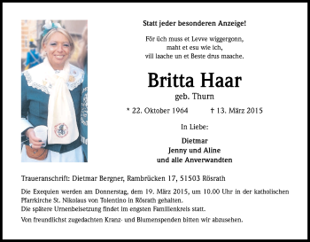 Anzeige von Britta Haar von Kölner Stadt-Anzeiger / Kölnische Rundschau / Express