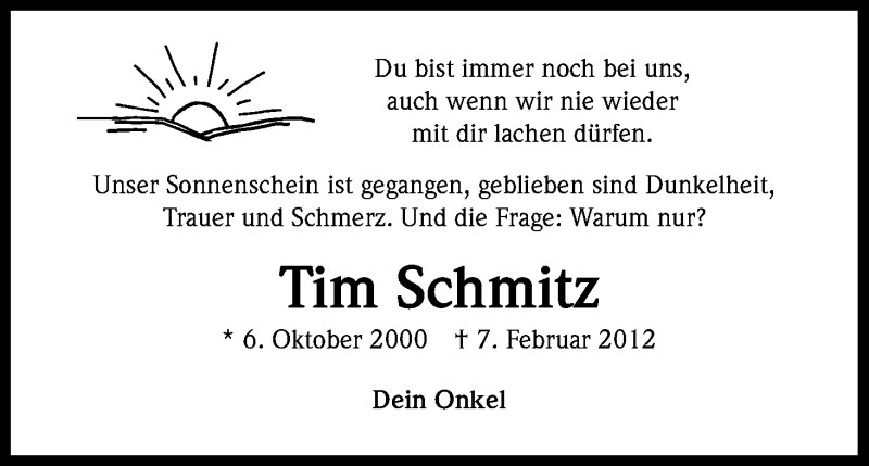  Traueranzeige für Tim Schmitz vom 07.02.2015 aus Kölner Stadt-Anzeiger / Kölnische Rundschau / Express