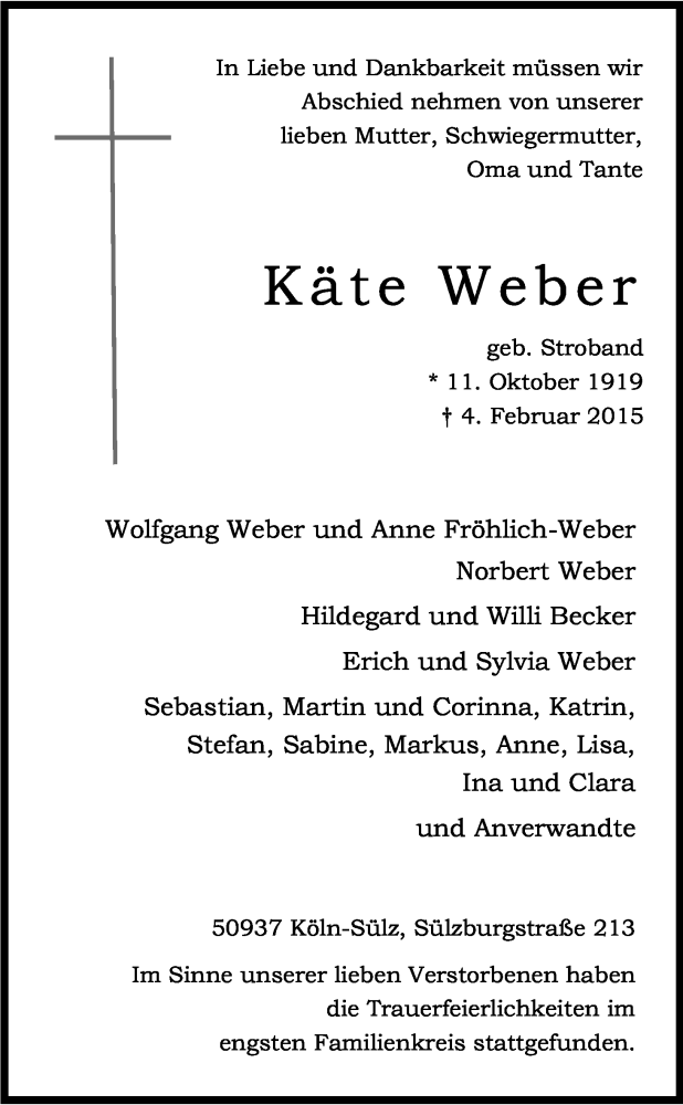  Traueranzeige für Käte Weber vom 14.02.2015 aus Kölner Stadt-Anzeiger / Kölnische Rundschau / Express