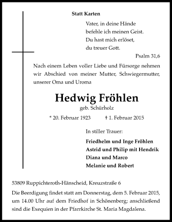 Anzeige von Hedwig Fröhlen von Kölner Stadt-Anzeiger / Kölnische Rundschau / Express