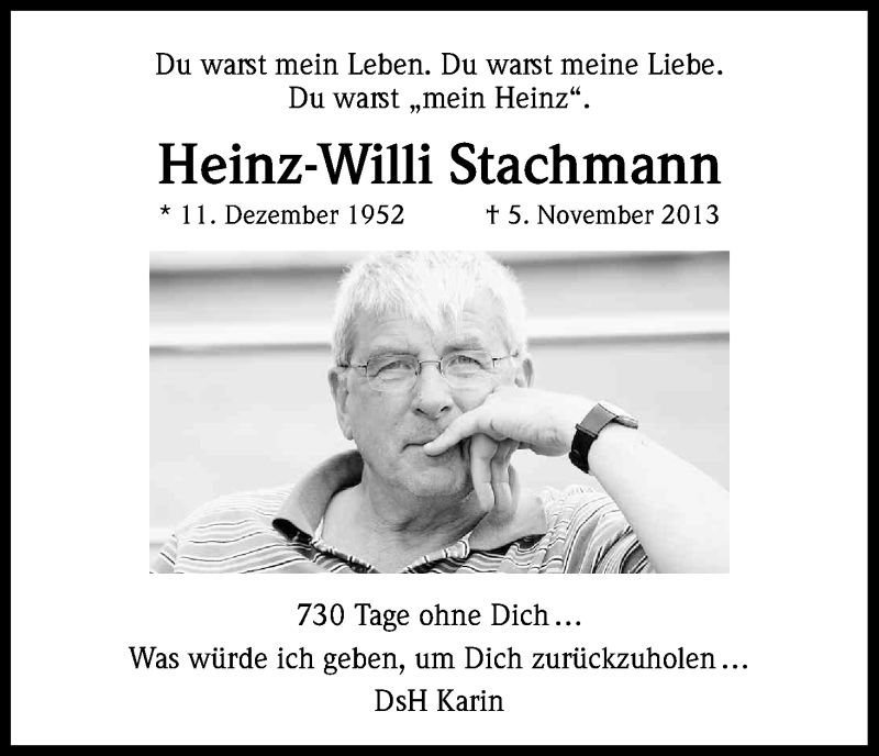  Traueranzeige für Heinz-Willi Stachmann vom 05.11.2015 aus Kölner Stadt-Anzeiger / Kölnische Rundschau / Express