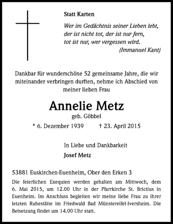Anzeige von Annelie Metz von Kölner Stadt-Anzeiger / Kölnische Rundschau / Express