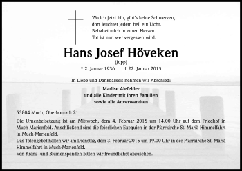 Anzeige von Hans Josef Höveken von Kölner Stadt-Anzeiger / Kölnische Rundschau / Express