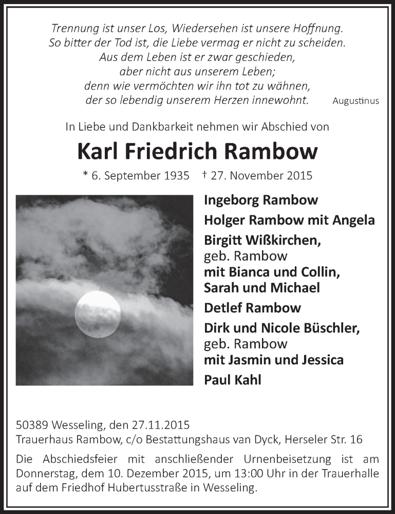  Traueranzeige für Karl Friedrich Rambow vom 09.12.2015 aus  Schlossbote/Werbekurier 