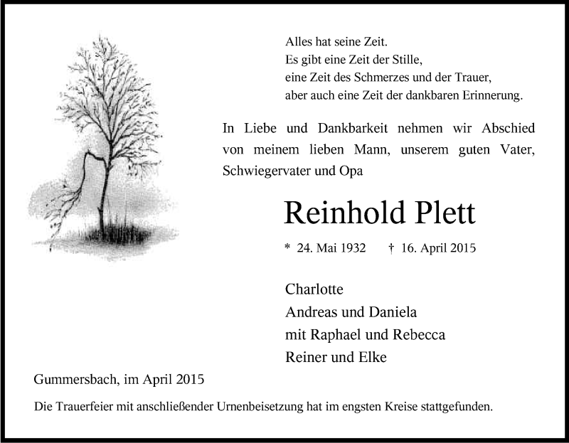  Traueranzeige für Reinhold Plett vom 24.04.2015 aus Kölner Stadt-Anzeiger / Kölnische Rundschau / Express