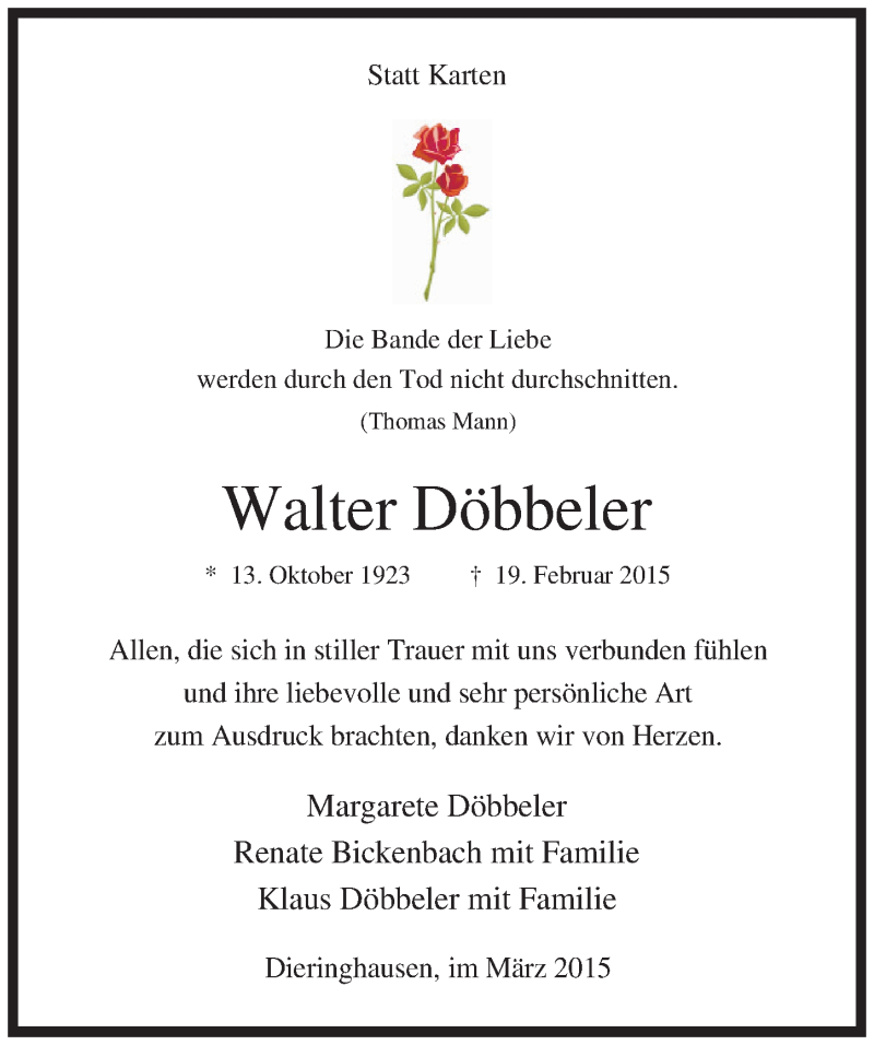  Traueranzeige für Walter Döbbeler vom 01.04.2015 aus  Anzeigen Echo 