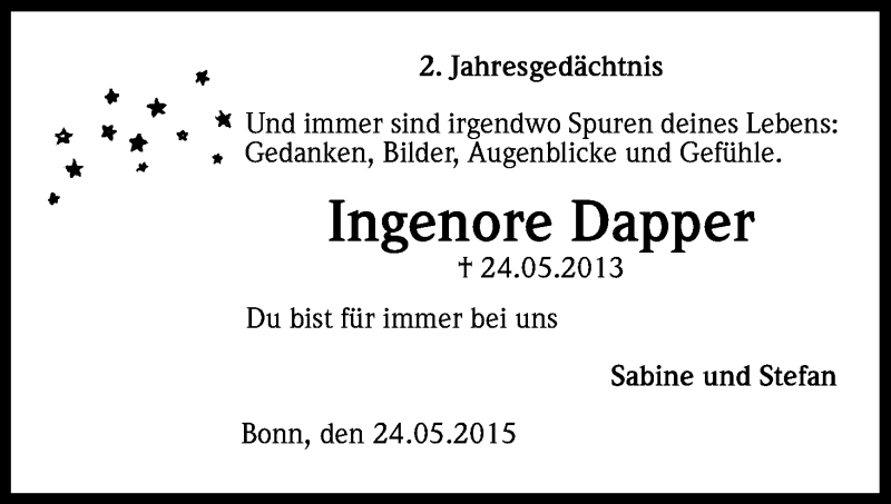  Traueranzeige für Ingenore Dapper vom 23.05.2015 aus Kölner Stadt-Anzeiger / Kölnische Rundschau / Express