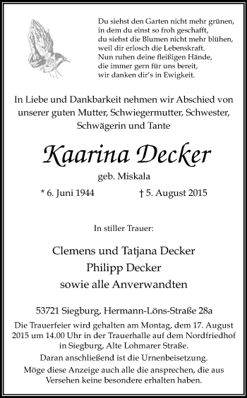 Anzeige von Kaarina Decker von Kölner Stadt-Anzeiger / Kölnische Rundschau / Express