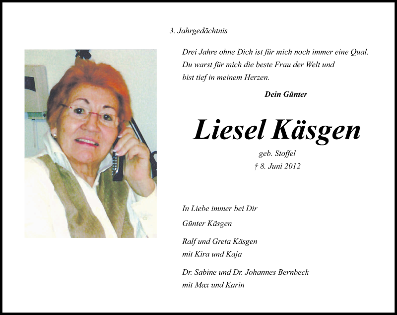  Traueranzeige für Liesel Käsgen vom 06.06.2015 aus Kölner Stadt-Anzeiger / Kölnische Rundschau / Express