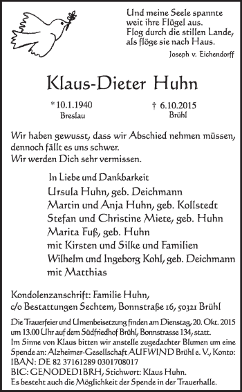 Anzeige von Klaus-Dieter Huhn von  Schlossbote/Werbekurier 