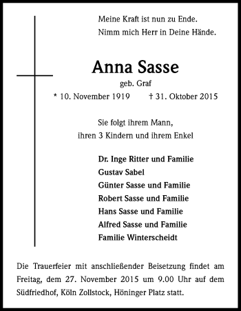 Anzeige von Anna Sasse von Kölner Stadt-Anzeiger / Kölnische Rundschau / Express