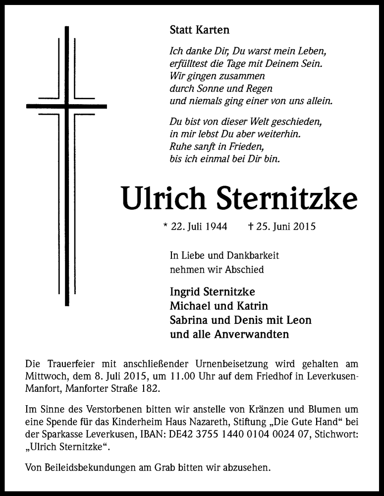  Traueranzeige für Ulrich Sternitzke vom 04.07.2015 aus Kölner Stadt-Anzeiger / Kölnische Rundschau / Express