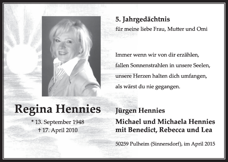  Traueranzeige für Regina Hennies vom 18.04.2015 aus  Sonntags-Post 