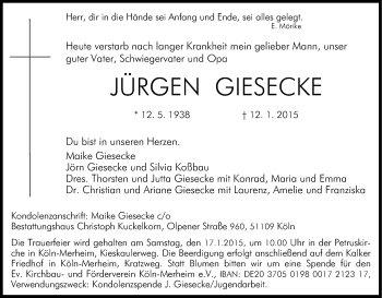 Anzeige von Jürgen Giesecke von Kölner Stadt-Anzeiger / Kölnische Rundschau / Express