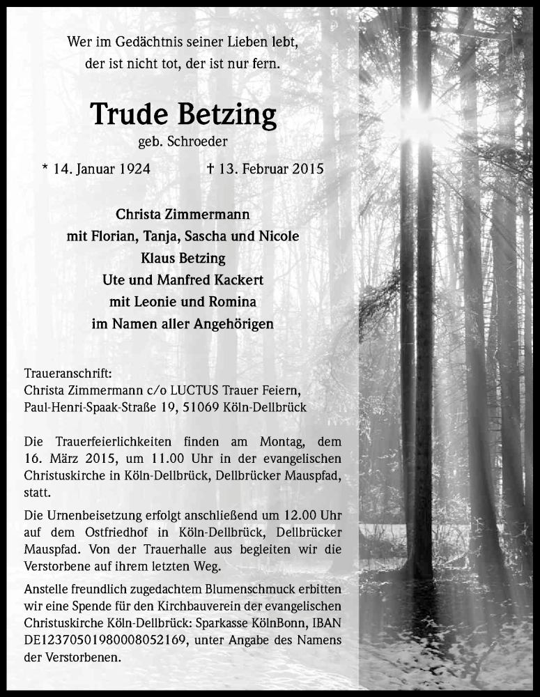  Traueranzeige für Trude Betzing vom 07.03.2015 aus Kölner Stadt-Anzeiger / Kölnische Rundschau / Express