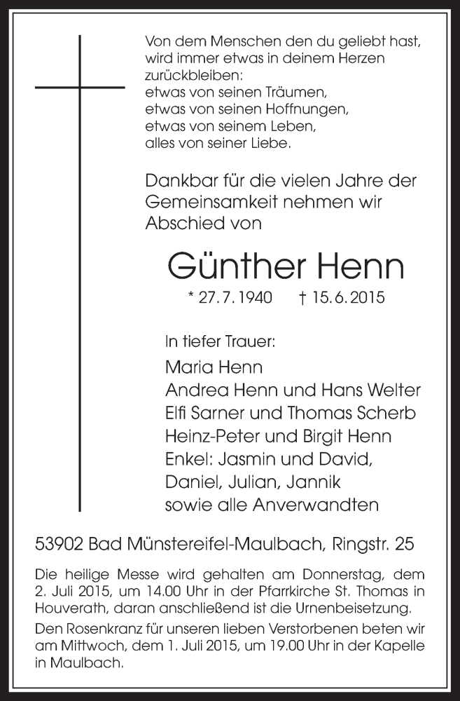  Traueranzeige für Günther Henn vom 28.06.2015 aus  Blickpunkt Euskirchen 