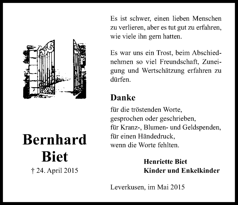  Traueranzeige für Bernhard Biet vom 30.05.2015 aus Kölner Stadt-Anzeiger / Kölnische Rundschau / Express