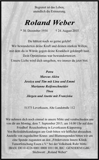 Anzeige von Roland Weber von Kölner Stadt-Anzeiger / Kölnische Rundschau / Express