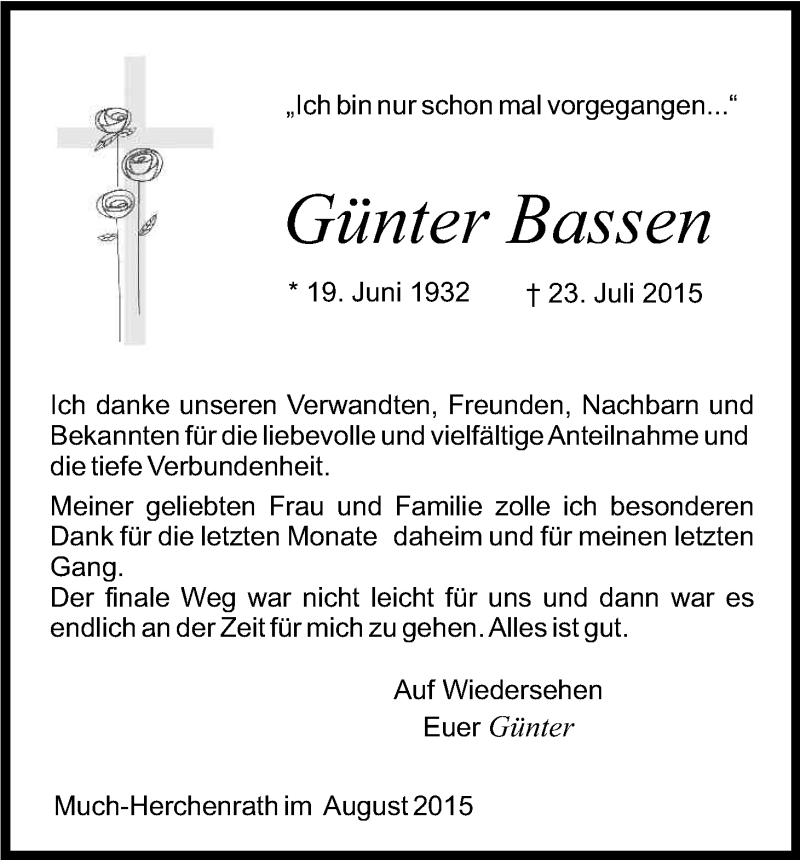  Traueranzeige für Günter Bassen vom 29.08.2015 aus Kölner Stadt-Anzeiger / Kölnische Rundschau / Express
