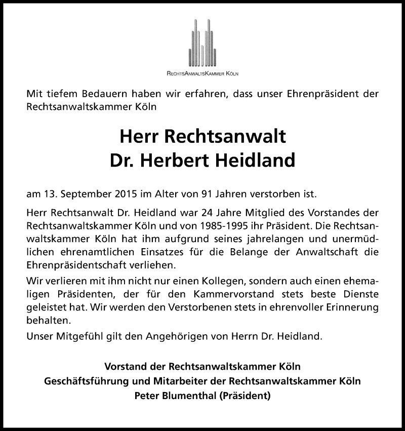  Traueranzeige für Herbert Heidland vom 19.09.2015 aus Kölner Stadt-Anzeiger / Kölnische Rundschau / Express