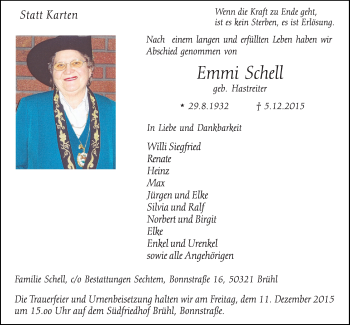 Anzeige von Emmi Schell von  Schlossbote/Werbekurier 