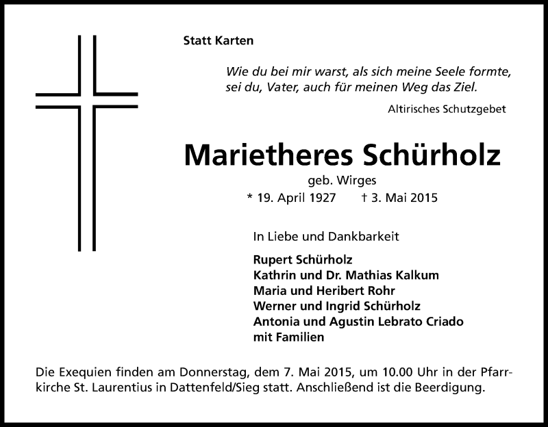  Traueranzeige für Marietheres Schürholz vom 06.05.2015 aus Kölner Stadt-Anzeiger / Kölnische Rundschau / Express