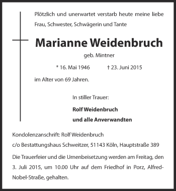 Anzeige von Marianne Weidenbruch von  Kölner Wochenspiegel 