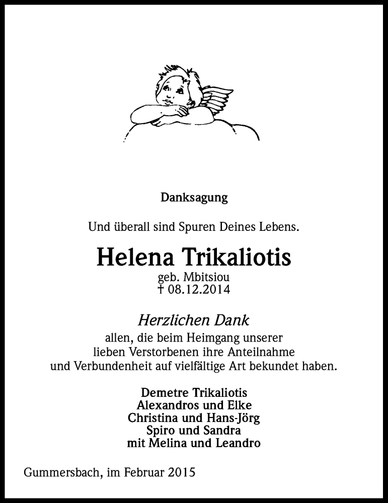  Traueranzeige für Helena Trikaliotis vom 28.02.2015 aus Kölner Stadt-Anzeiger / Kölnische Rundschau / Express