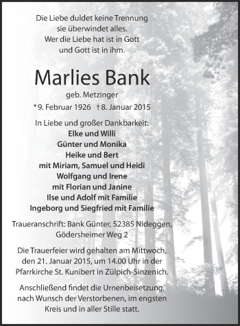 Anzeige von Marlies Bank von  Blickpunkt Euskirchen 