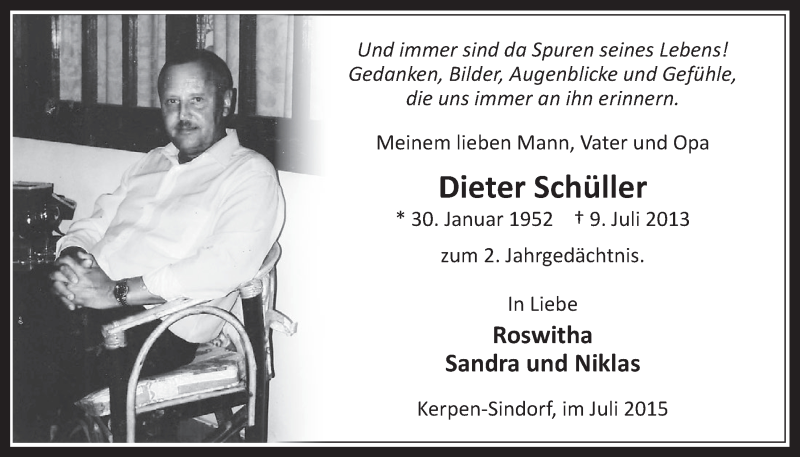  Traueranzeige für Dieter Schüller vom 08.07.2015 aus  Werbepost 