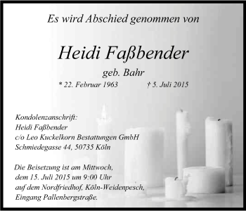 Anzeige von Heidi Faßbender von Kölner Stadt-Anzeiger / Kölnische Rundschau / Express
