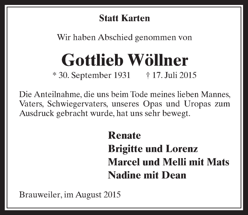  Traueranzeige für Gottlieb Wöllner vom 19.08.2015 aus  Wochenende 