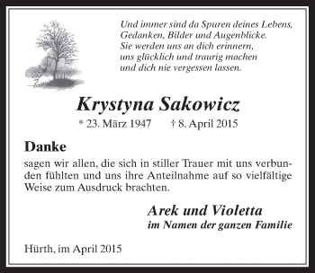 Anzeige von Krystyna Sakowicz von  Wochenende 