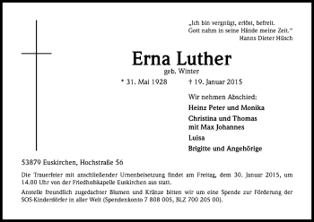 Anzeige von Erna Luther von Kölner Stadt-Anzeiger / Kölnische Rundschau / Express