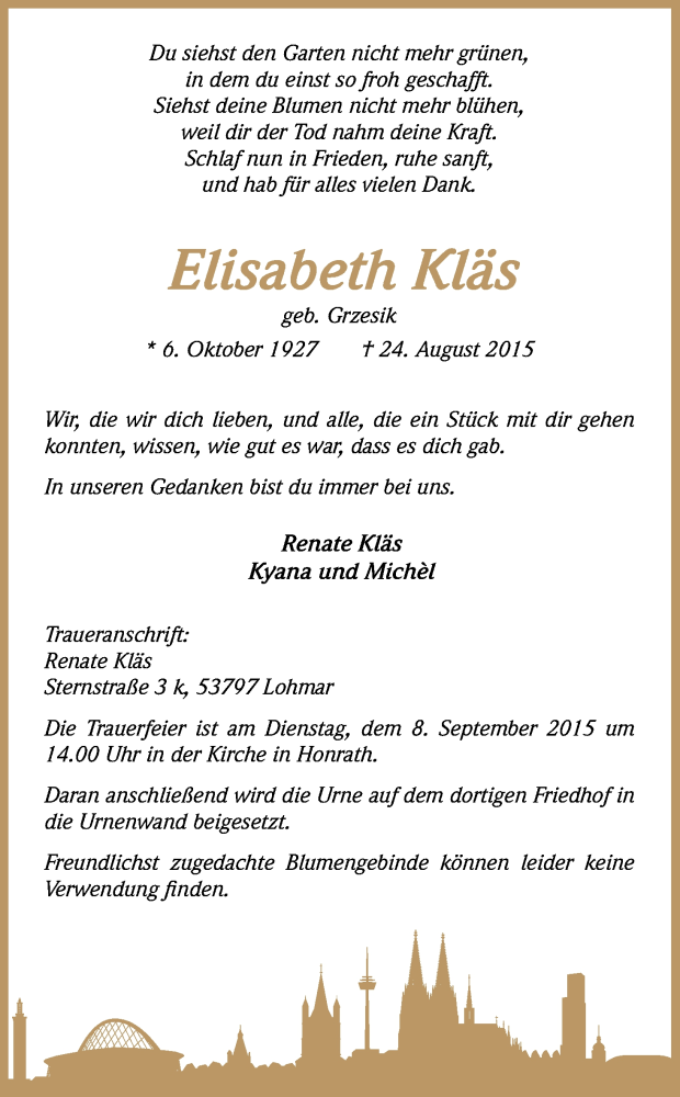  Traueranzeige für Elisabeth Kläs vom 05.09.2015 aus Kölner Stadt-Anzeiger / Kölnische Rundschau / Express