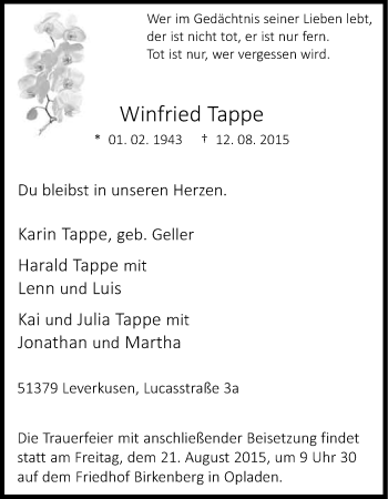 Anzeige von Winfried Tappe von Kölner Stadt-Anzeiger / Kölnische Rundschau / Express