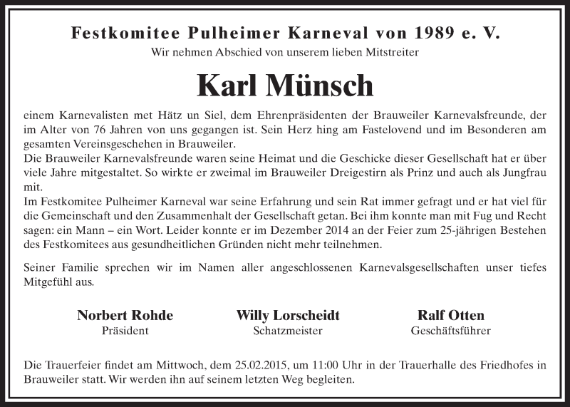  Traueranzeige für Karl Münsch vom 21.02.2015 aus  Sonntags-Post 
