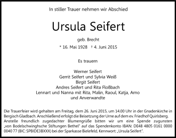 Anzeige von Ursula Seifert von Kölner Stadt-Anzeiger / Kölnische Rundschau / Express