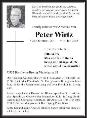 Anzeige von Peter Wirtz von  Schaufenster/Blickpunkt 