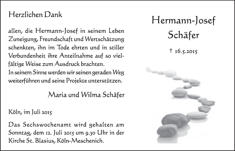  Traueranzeige für Hermann-Josef Schäfer vom 08.07.2015 aus  Schlossbote/Werbekurier 