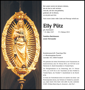 Anzeige von Elly Pütz von Kölner Stadt-Anzeiger / Kölnische Rundschau / Express